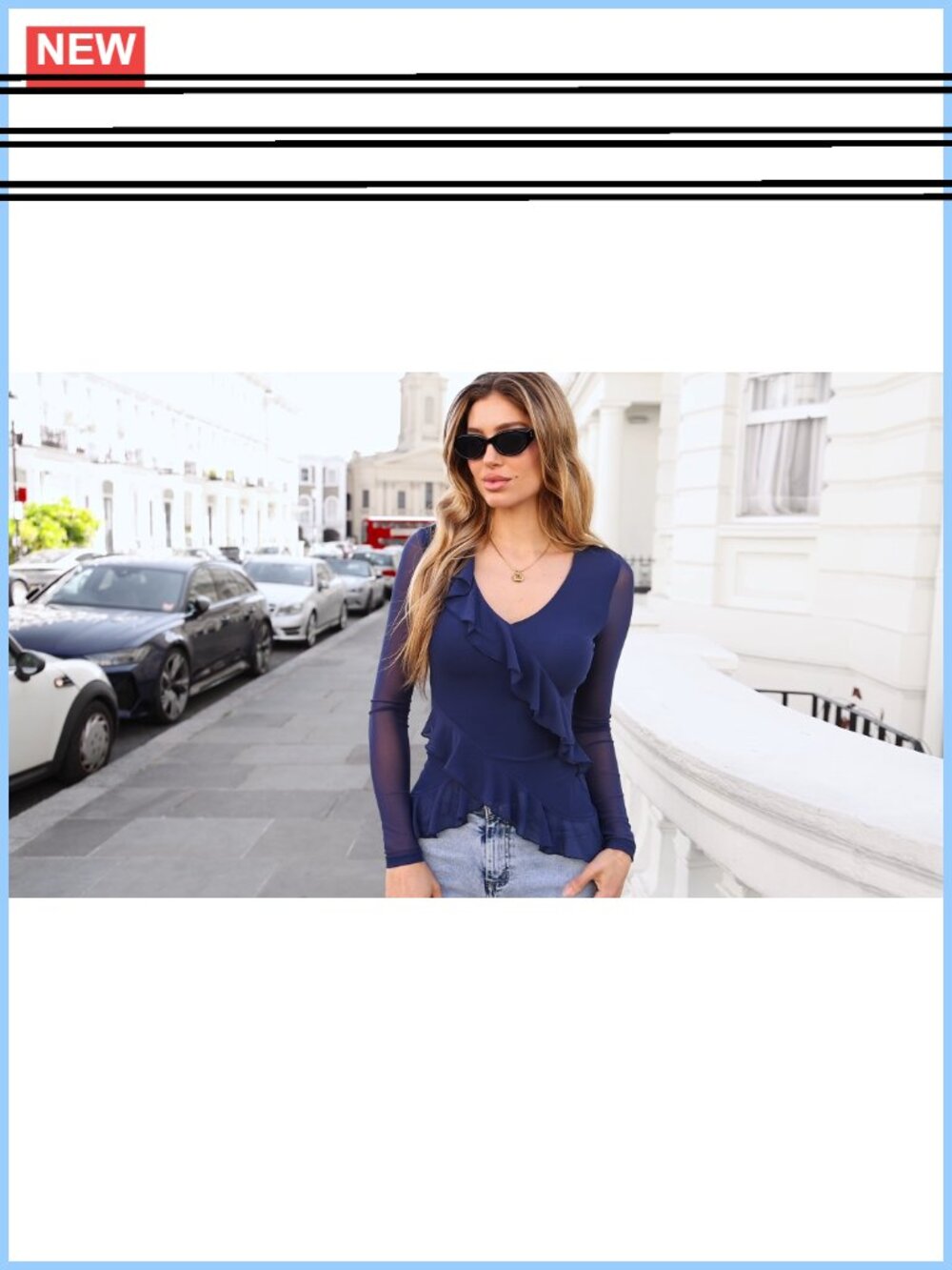 Sheer Mesh Long Sleeve Ruffle V Neck Ruched Blouse - Picture 6 of 6